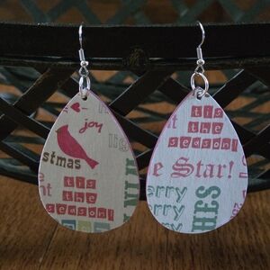 Hand Crafted Red and Green Holiday Teardrop Wood Earrings